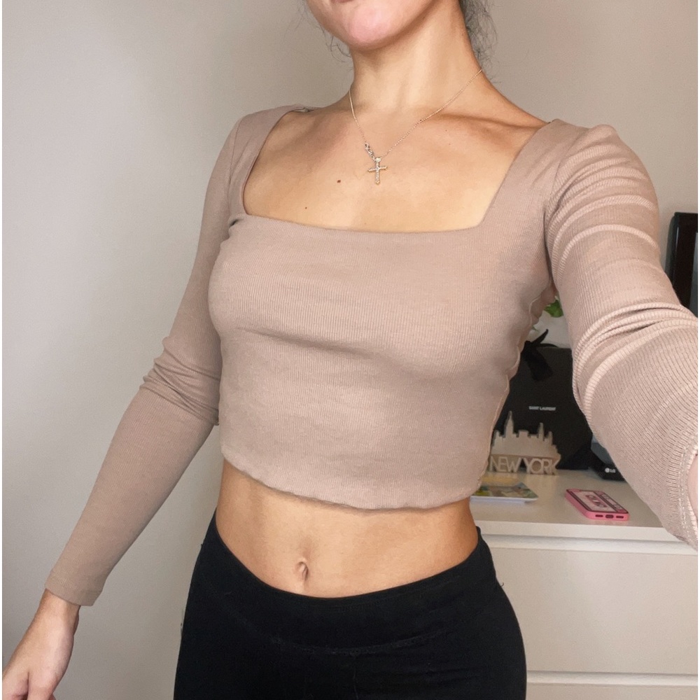 Zara tan long sleeve crop shirt